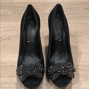BCBGMAXAZRIA Hellen Black Suede Gem Bow Pumps